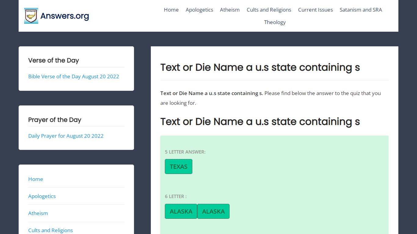 Text or Die Name a u.s state containing s - Answers.org